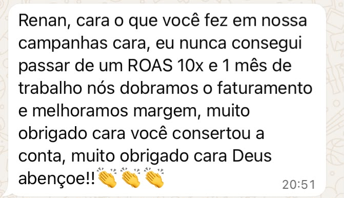 Print da conversa com o seller Walter sobre ROAS acima de 10x e faturamento dobrado